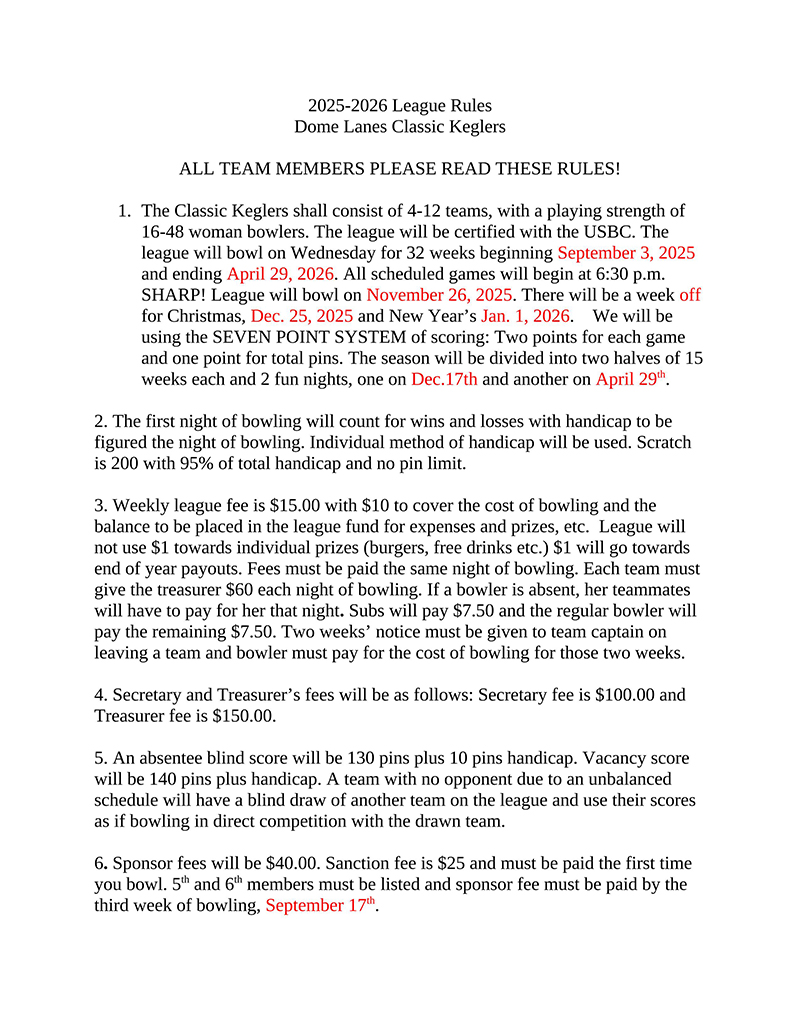 Classic Keglers Rules 2024 2025
